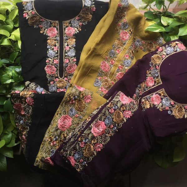 A Premium designer collection in Pure Organza with pretty floral embroidery on top and Duppatta and santoon bottom