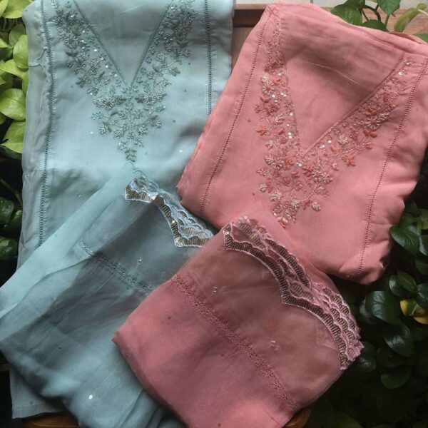 A Premium designer collection in Pure viscose organza Top & Duppatta with beautiful hand embroidery & intricate detailing & scallops & santoon bottom