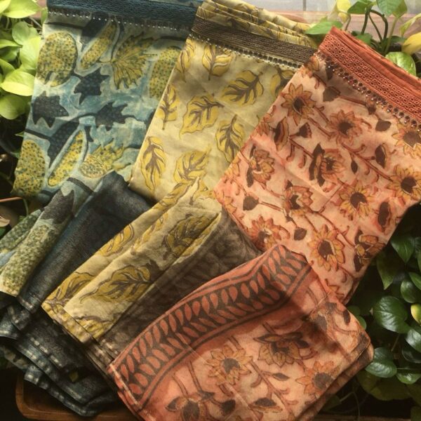 A Beautiful designer collection in Pure Creoe silk top & Duppatta with beautiful Kalamkari block prints & printed cotton bottom