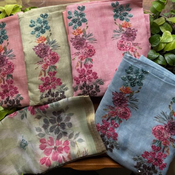 A beautiful designer collection in Pure Linen Tissue top & Duppatta with beautiful floral prints & exquisite French knot hand embroidery & santoon bottom