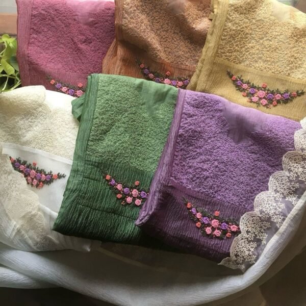 A beautiful designer collection in Pure crush georgette top with exquisite embroidery featuring bullion knots & a very elegant French lace yoke , cottton silk bottom & a beautiful crush georgette Duppatta with French lace borders . Orders are taken only till stocks last. What are you waiting for. Make your order now at an unbelievable price of ❤️1990/- ❤️ only