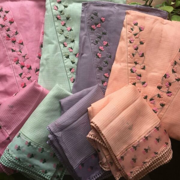 A beautiful designer collection in Pure Silk Kota top with exquisite embroidery for neck & floral border for sleeves , cotton bottom & a beautiful silk Kota Duppatta with embroidery & floral borders