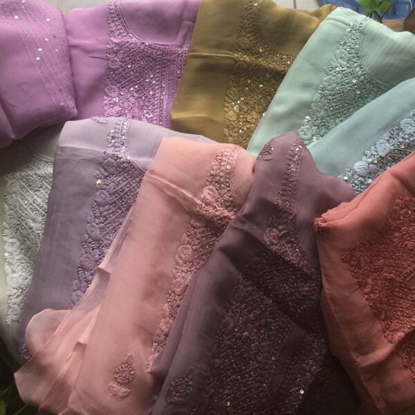 A beautiful designer collection in Pure Silk Organza top & Duppatta with exquisite Chikankari embroidery & santoon bottom