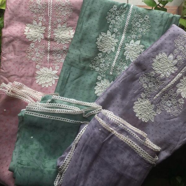 A premium Pastel Easter Vishu Collection in pure Benarasi Chandheri silk with exquisite Pearl embroidery, santoon bottom & a pure viscose organza Duppatta with exquisite pearl embroidery & French lace detailing