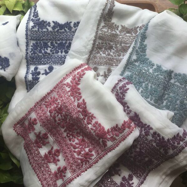 A premium Pastel Easter Vishu Collection in pure white chiffon top & Duppatta with exquisite Chikankari hand embroidery & santoon bottom