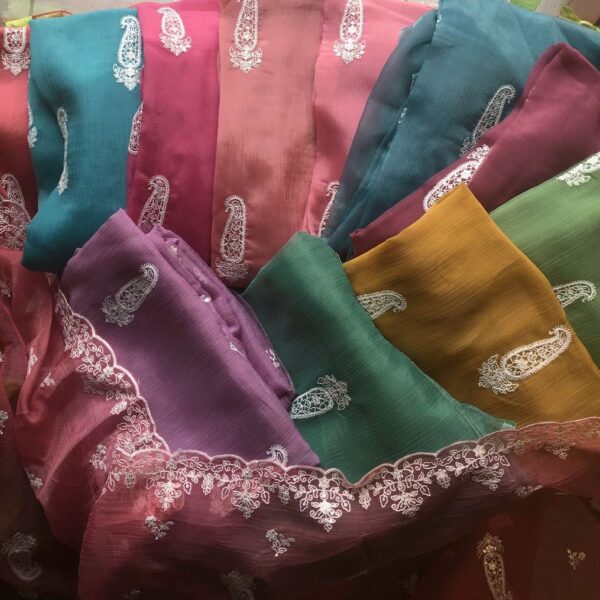 Presenting Our Brand New Collection for Easter in Crush Georgette with exquisite Chikankari embroidery on top and Duppatta in a delicate paisley motif and beautiful floral embroidered borders and scallop on Duppatta. Cotton silk bottom !