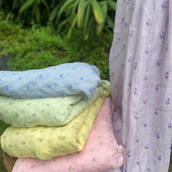 Running fabrics in pure 40gm Mul Chandheri with the most dainty floral embroidery in beautiful pastel tones! You can avail a minimum of half metre to the no of metres you require to design your attire !