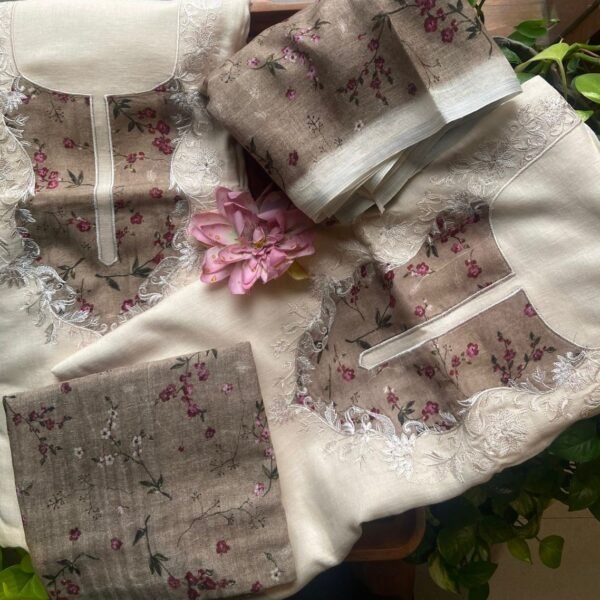 A beautiful collection of classy vintage style pure linen top with very pretty floral appliqué & embroidery, cotton bottom & a truly stunning linen floral Duppatta in a pretty champagne brown tone