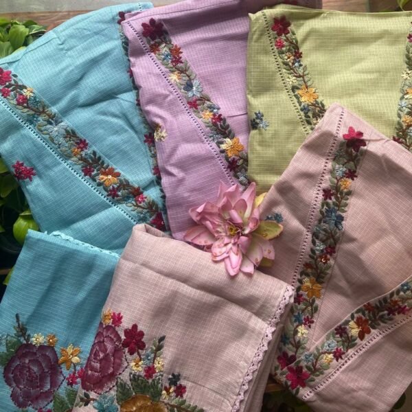 A beautiful collection of silk kota top & Duppatta with intricate hand embroidery & Kanta embroidery & cotton bottom