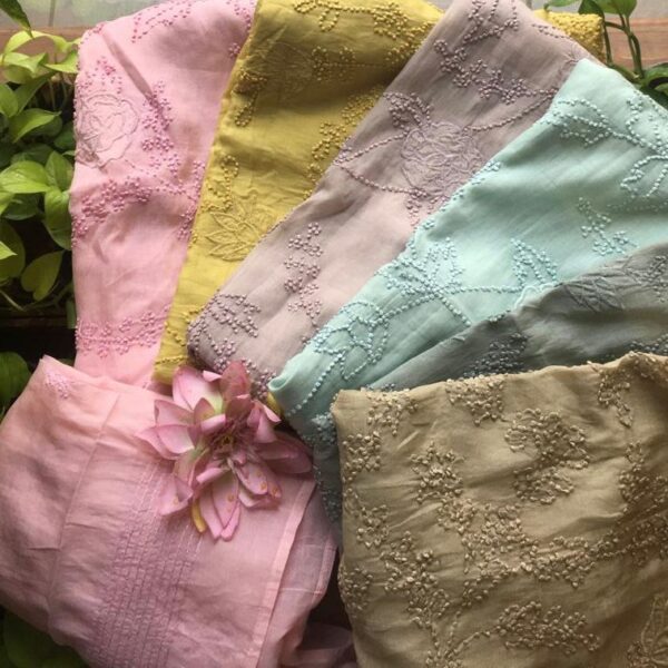 A beautiful collection of pure Mal Chandheri top & Duppatta with exquisite French knot hand embroidery & cotton bottom