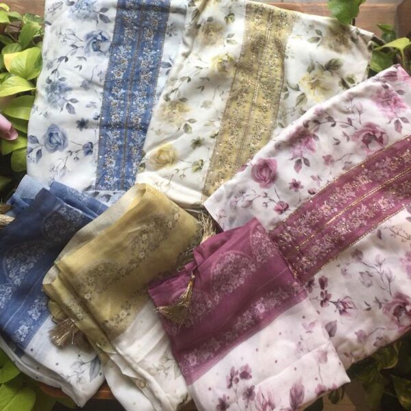 A beautiful premium collection in pure muslin silk top & Duppatta with beautiful floral prints & hand embroidery & santoon bottom