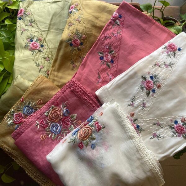 A Beautiful Collection in pure Benarasi chandheri silk top with exquisite hand embroidery , santoon bottom & a stunning silk floral embroidered silk Kota Duppatta with French lace borders