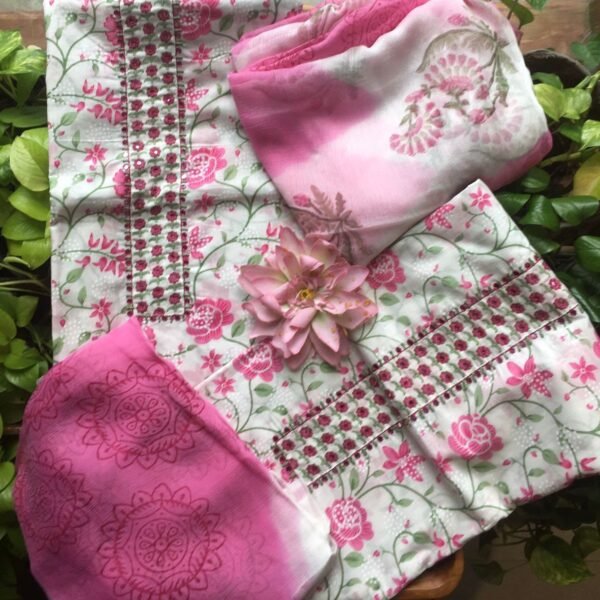 A beautiful collection of Pure Cotton top in an ethereal hue of Offwhite & pink with beautiful floral prints & Kutch hand embroidery, printed cotton bottom@ with beautiful prints & pretty chiffon Duppatta A beautiful & classy attire for Onam :)