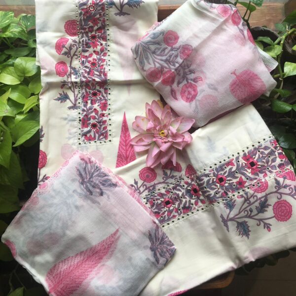 A beautiful collection of Pure Cotton top in a beautiful hue of Offwhite & pink with beautiful prints & Kutch hand embroidery, printed cotton bottom@ with beautiful prints & pretty chiffon Duppatta A beautiful & classy attire for Onam :)
