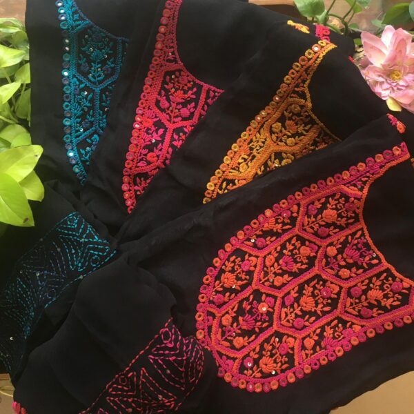 A beautiful collection of Pure Viscose Georgette top & Duppatta with intricate hand embroidery & Kanta work in ombré hues & santoon bottom. Style these for a beautiful wear this Onam !