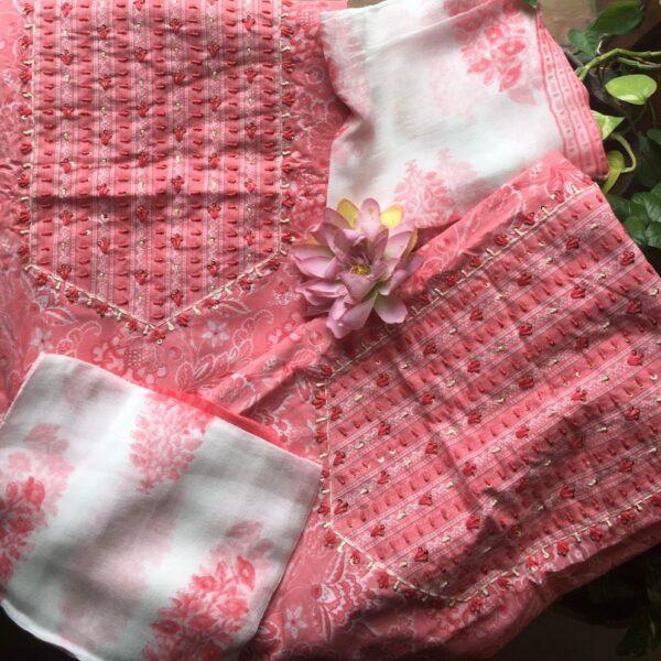 A beautiful collection of Pure Cotton top with beautiful floral prints & Kutch hand embroidery, printed cotton bottom with beautiful prints & pretty chiffon Duppatta