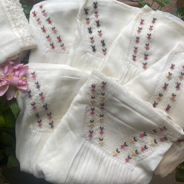 Available now on Pre-Order!!! Dispatch time 10 working days A beautiful Edit for Onam in Offwhite hue with beautiful hand embroidery & French lace detailing at an affordable range. Ideal for teaming for an event & gifting your family this festive season ☺️ A Beautiful designer collection in Pure Crush Georgette top & Duppatta with exquisite hand embroidery featuring bullion knots & pearl embroidery, fine French lace borders for Duppatta & cotton silk bottom