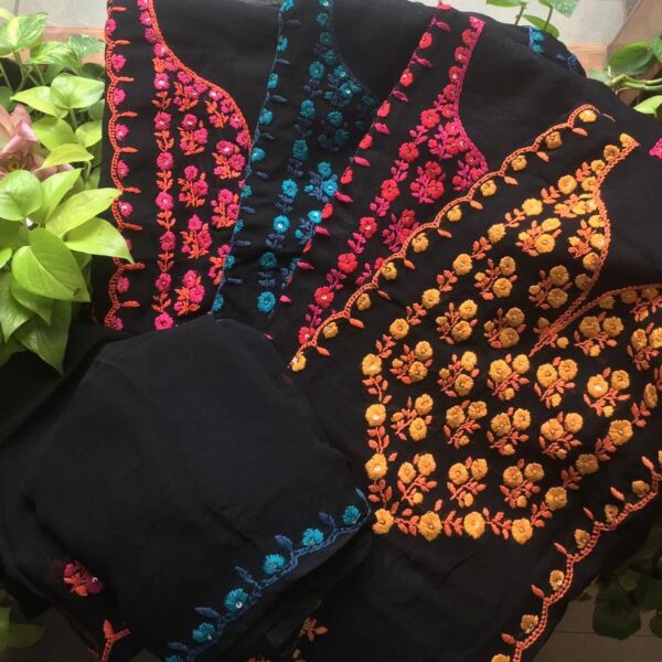 A beautiful collection of Pure Viscose Georgette top & Duppatta with intricate hand embroidery & Kanta work in ombré hues & santoon bottom. Style these for a beautiful wear this Onam !