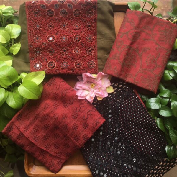 A beautiful collection of Pure cotton top with stunning & ethnic mirror work hand embroidery, cotton bottom & Kota silk Duppatta with hand block prints Style these for a beautiful wear this Onam !