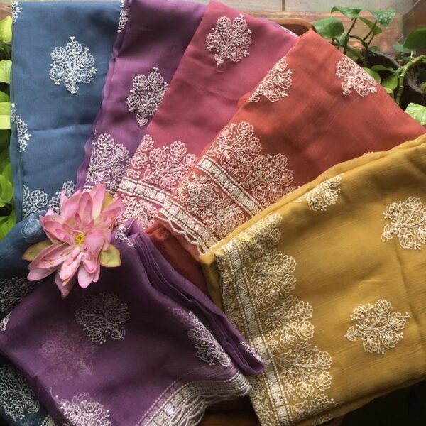 Presenting Our Beautiful New designer wear in chiffon top with exquisite embroidery on full top in a chikankari style , cotton silk bottom & a beautiful chiffon Duppatta with embroidery A beautiful & classy attire for your entire family & friends this Onam at an unbelievable price price! Start booking your orders now