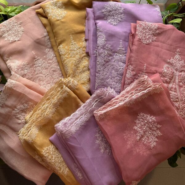 ☘️A beautiful collection of Tissue Organza top and Duppatta with intricate Chikankari embroidery and cotton silk bottom. Style these for a beautiful wear this Onam !
