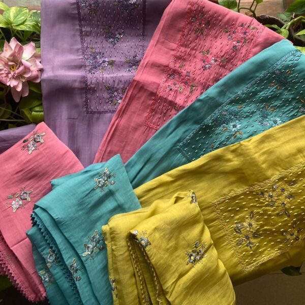 ☘️A beautiful collection of Pure Benarasi Chandheri Silk Top and Duppatta in beautiful hues with beautiful hand embroidery and santoon bottom