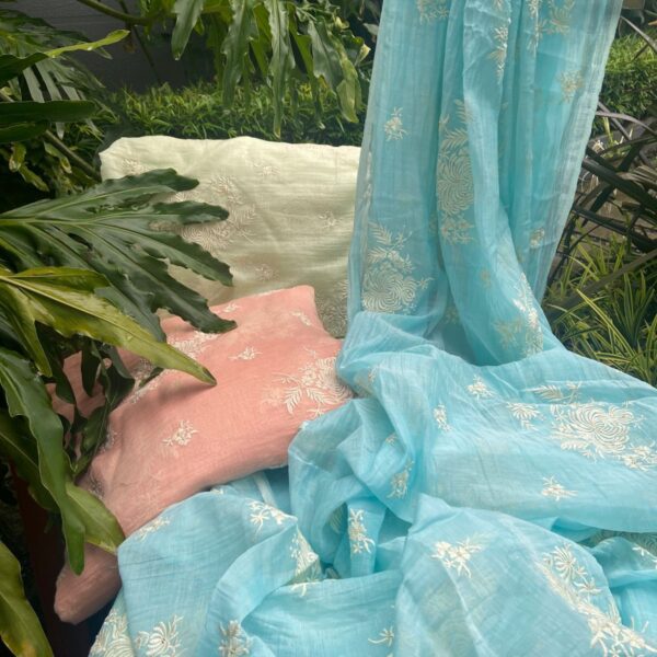 Running fabrics in pure 40gm Malai Chandheri with the most dainty floral Chikankari embroidery in beautiful pastel tones! You can avail a minimum of half metre to the no of metres you require to design your attire !