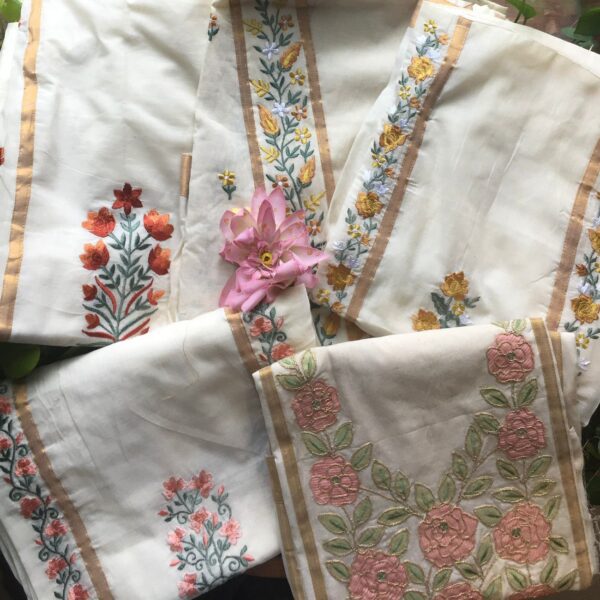 Presenting Our Beautiful New designer wear Kurta material with beautiful patterning & embroidery!!! A beautiful & classy attire for your entire family & friends this Onam! Book now