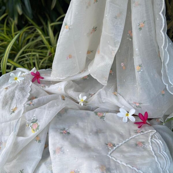 Presenting Our Beautiful New designer wear Pure Malai Chandheri Kurta material (2.7 metres) with beautiful floral embroidery & scalloping throughout. The fabric is very soft & the ethereal floral embroidery makes it so elegant. A perfect choice for Onam to be Styled as a kaftan, top or even frocks or as a set mundu too! A beautiful & classy attire for your entire family & friends this Onam! Book now