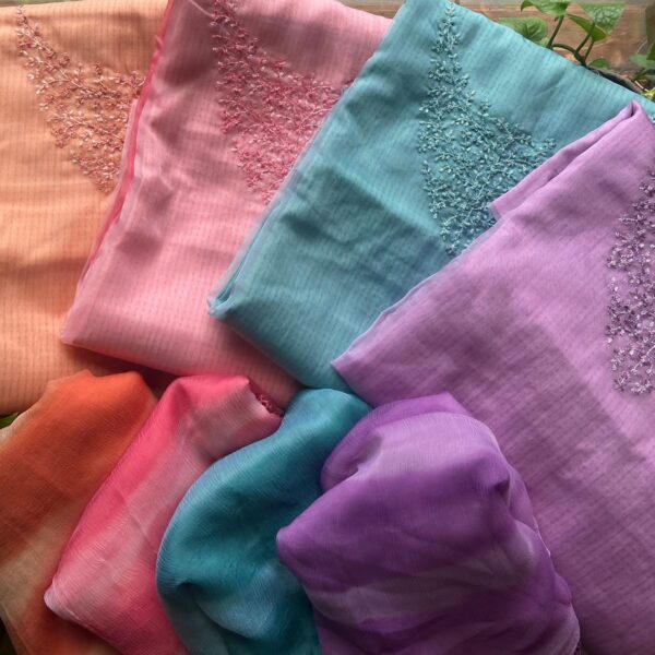 Presenting Our Beautiful new collection in Organza silk top exquisite jamdhani hand embroidery, ombré dyeing & printed inner santoon bottom & chiffon ombré dyed chiffon Duppatta with French lace borders