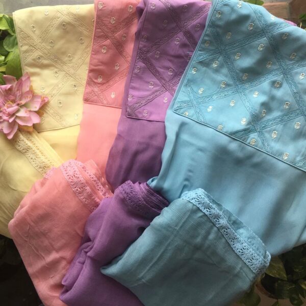 Presenting Our Beautiful new collection in pure georgette top with a very unique yoke pattern created out of floral embroidery & crochet lace detailing , santoon bottom & chiffon Duppatta with crochet lace borders A beautiful & classy attire for your entire family & friends this Onam at an unbelievable price price! Start booking your orders now