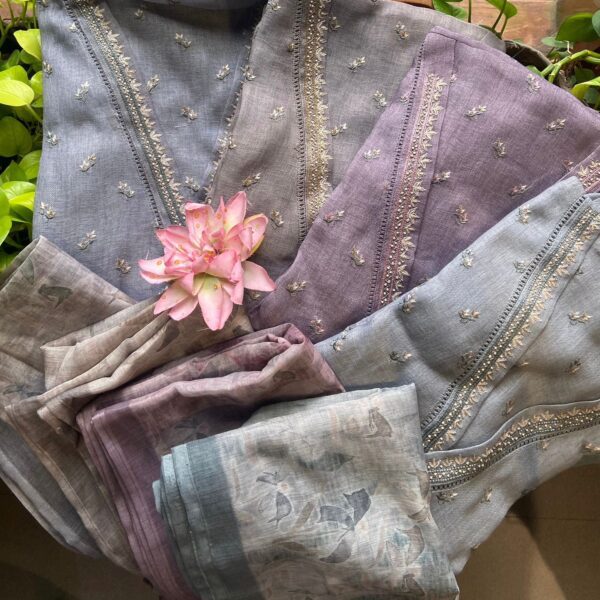 A beautiful & premium collection in Linen top with intricate hand embroidery for neck & all over top , santoon bottom with embroidery & very pretty silk floral Duppatta