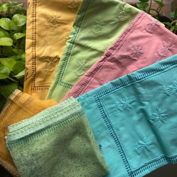 A beautiful collection of pure cottons with Chikankari embroidery and block prints , cotton bottom and pretty Kota Doria Duppatta