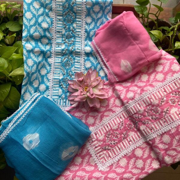 A beautiful collection of pure cottons with embroidery and block prints , cotton bottom and pretty chiffon Bandhej Duppatta