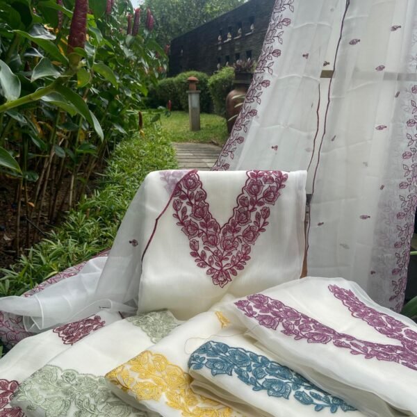 A beautiful collection in chiffon with intricate embroidery along yoke with scallops , cotton silk bottom & a beautiful chiffon Duppatta with floral embroidery