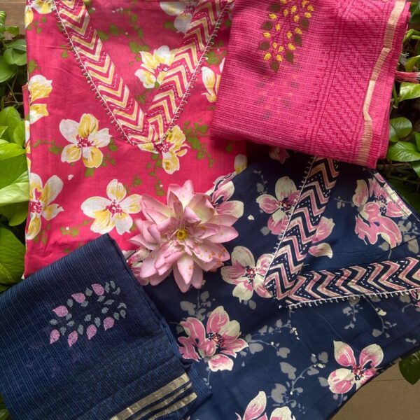 A beautiful collection of Pure cotton top with floral pri yes & block printed Kota duppatta & cotton bottom A beautiful and classy attire for Onam :)