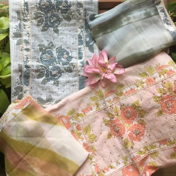 A beautiful collection of Pure cotton top with stunning floral block prints & hand embroidery, cotton bottom & chiffon Duppatta A beautiful & classy attire for Onam :)