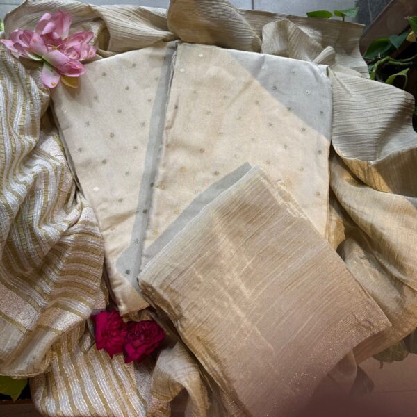 ☘️Presenting Our Beautiful new collection in Tissue georgette top with exquisite polka hand weaving , santoon bottom & tissue georgette Duppatta with hand weaving & tassels