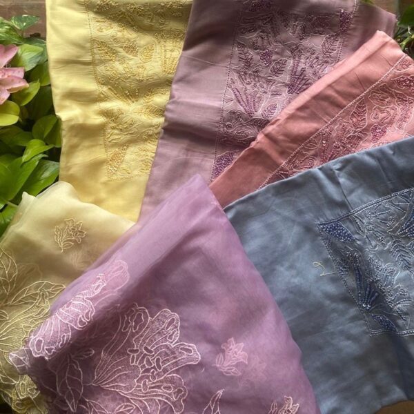 ☘️Presenting Our Beautiful New designer wear in premium Benarasi Chandheri silk top with exquisite hand embroidery on top , santoon bottom with embroidery borders and a beautiful organza Duppatta with throughout embroidery