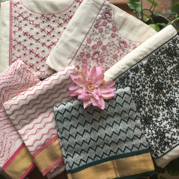 ☘️Presenting Our Beautiful New designer wear in pure Mal Chandheri with exquisite hand embroidery along neckline , cotton bottom and cotton duppatta with block prints