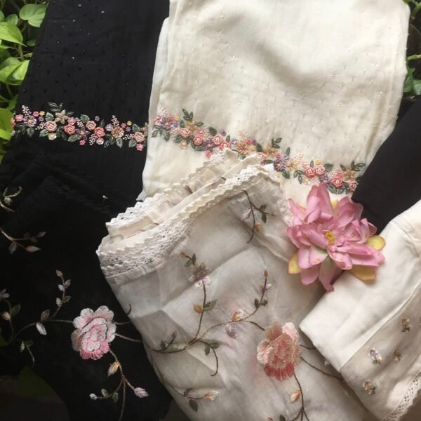 A stunningly gorgeous hand made pure Malai Chandheri silk top with intricate floral embroidery detailing on yoke , sleeve borders & on Santoon bottom as well. Duppatta is truly stunning with intricate embroidery . Premium & limited in numbers hurry before we run out of these