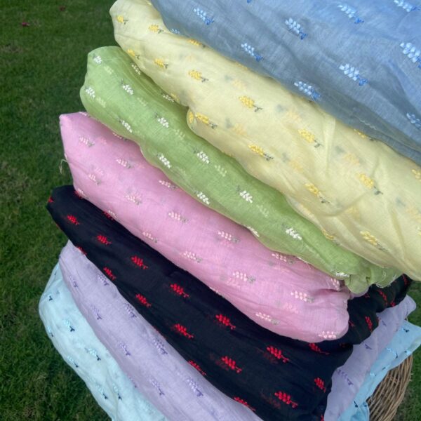 Running fabrics in pure Malai Chandheri with the most dainty floral Embroidery!You can avail a minimum of half metre to the no of metres you require to design your attire ! Styling tip : These fabrics are so pretty & elegant & can be used to design Dainty blouses,Kaftans, Salwar Suits, Designer sarees with scalloping or crochet edging Cute little frocks for girls or little kurtas for boys