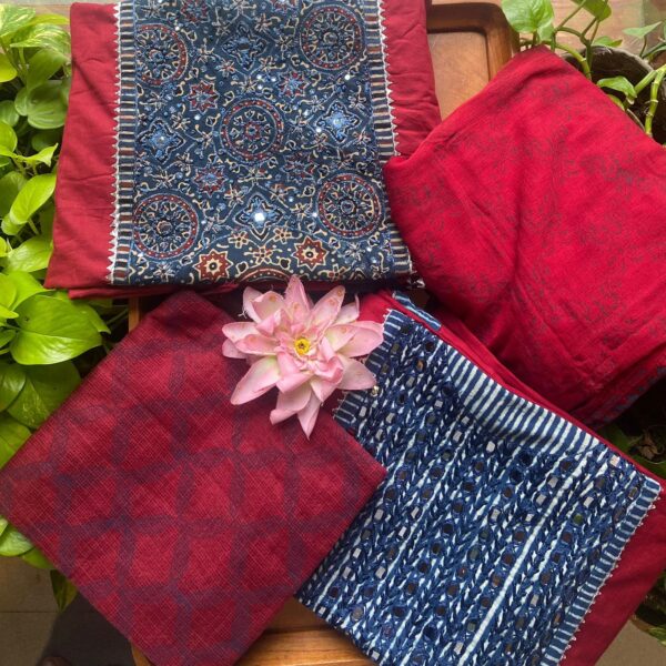 Presenting Our Beautiful New collection in pure Ajrak cotton with beautiful hand embroidery detailing featuring mirror work & French knots , cotton bottom & kota doria duppatta/chiffon Duppatta