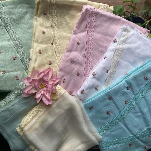 Presenting Our Beautiful New collection in Kota silk top covered with exquisite floral embroidery totally & v neck with French lace detailing & pure chiffon Duppatta with pretty French lace detailing & cotton bottom