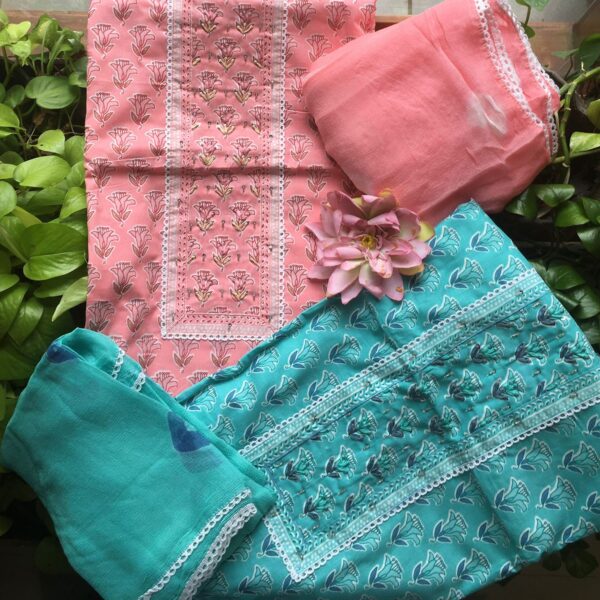 A stunningly gorgeous collection in pure cotton top with intricate kutch hand embroidery all @ along yoke, cotton printed bottom & chiffon Duppatta Bandhej Duppatta