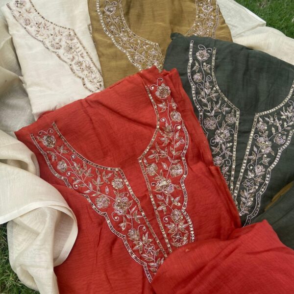 A stunningly gorgeous collection in pure Mal Chandheri suits with intricate hand embroidery featuring Zardosi work at yoke , sleeves and Duppatta and cotton silk bottom