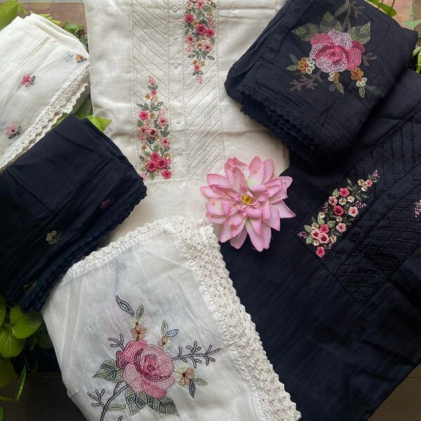 A stunningly gorgeous hand made pure Malai Chandheri silk top with intricate floral embroidery detailing on yoke , sleeve borders & on Santoon bottom as well. Duppatta is truly stunning with intricate embroidery . Premium & limited in numbers hurry before we run out of these