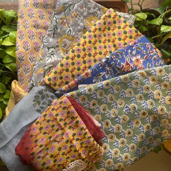 A beautiful collection of Pure cotton top with subtle block prints & beautiful borders which can be used for styling your attire, printed cotton bottom & beautiful ombré chiffon Duppatta with hand crochet