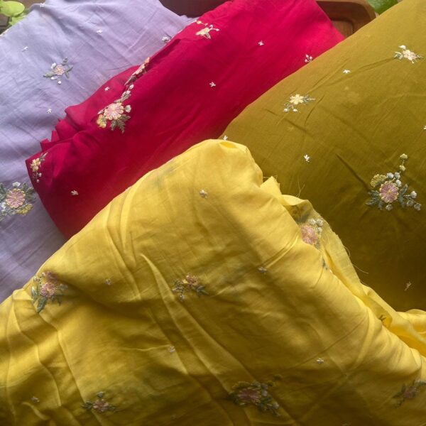 Running fabrics in pure Malai Chandheri with the most dainty floral Embroidery!You can avail a minimum of half metre to the no of metres you require to design your attire !