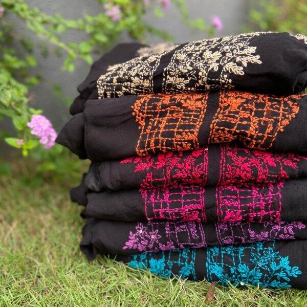 A beautiful collection of Pure Viscose georgette top & Duppatta with beautiful & intricate Nakshi Kanta Hand embroidery all along yoke & length of top & sleeves & Duppatta with complete Nakshi Kanta work & santoon bottom